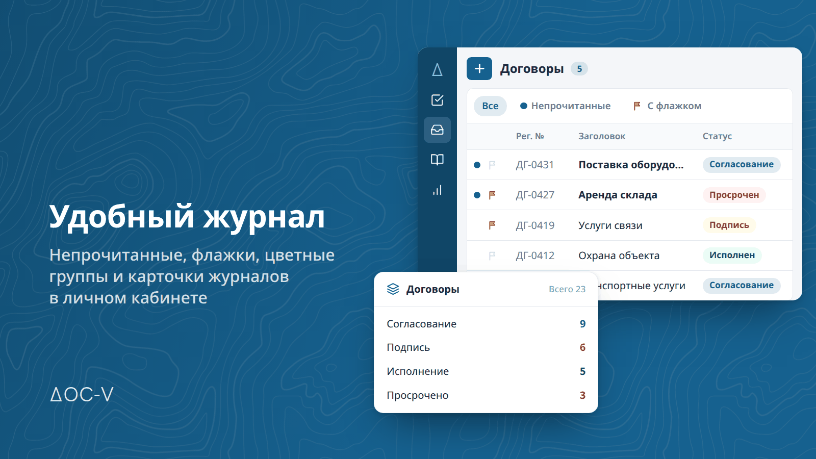 Журнал DOC-V: точки непрочитанных документов, личные флажки и цветные числа в группах